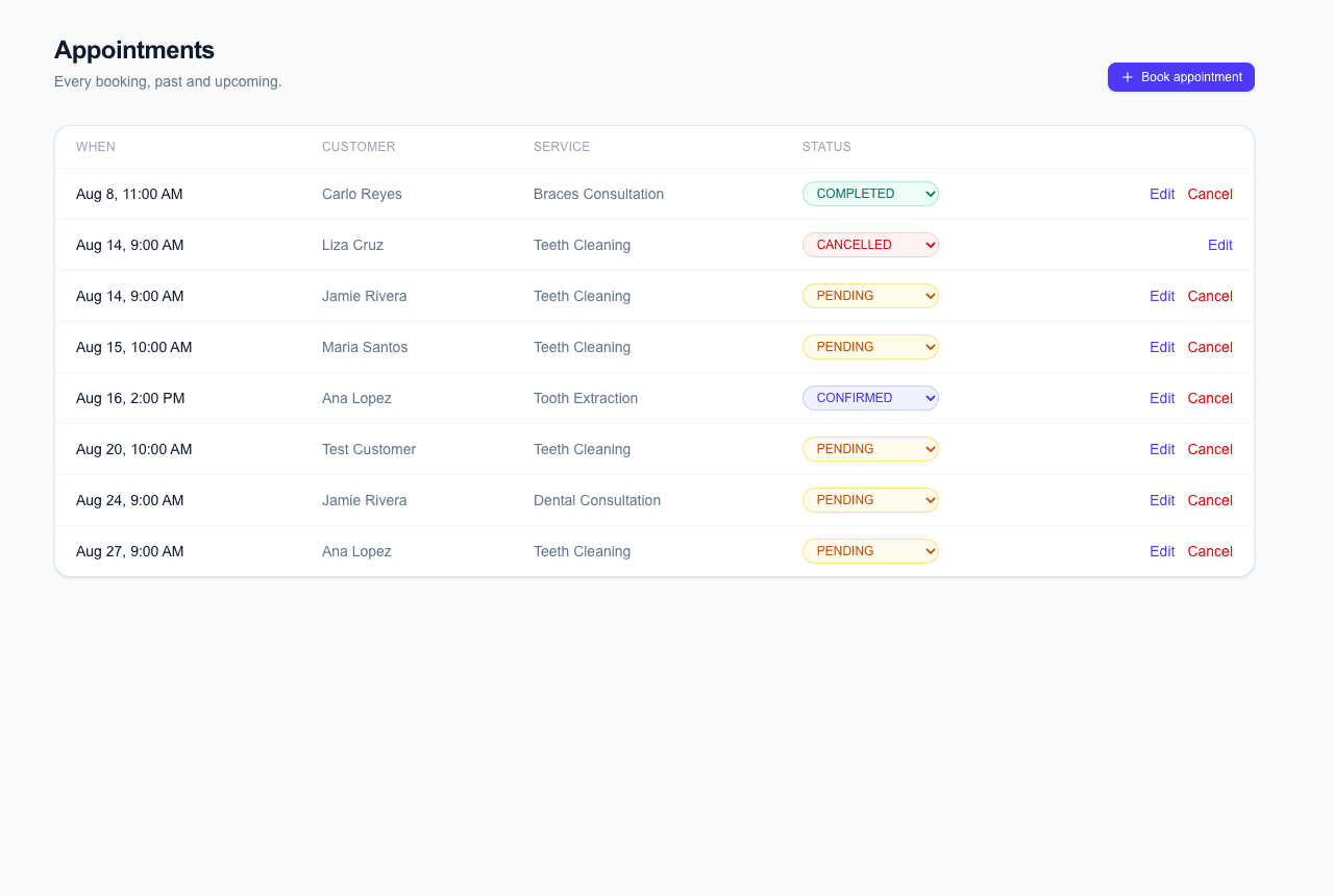 A list of upcoming and past appointments with color-coded status badges for pending, confirmed, completed, and cancelled bookings